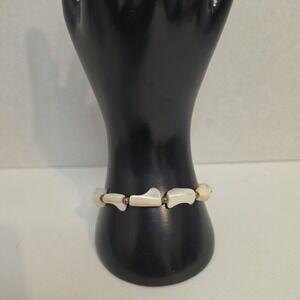 White Faux‎ Pearl Shell Look Stretch Bracelet Brown Beaded Boho Coastal